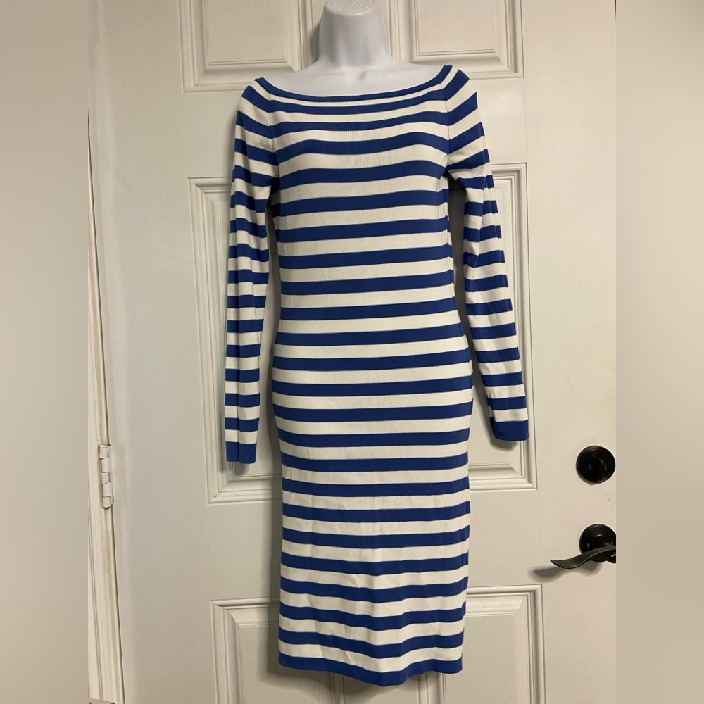 T28- NIKKIE Blue-White Striped Midi Sweater Dress